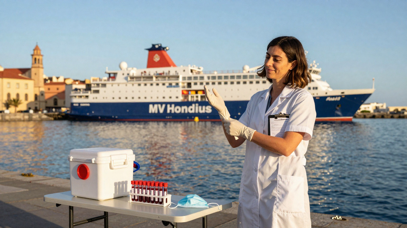 Mulher com jaleco coloca luvas ao lado de mesa com tubos de sangue, máscara e caixa térmica, navio MV Hondius ao fundo.