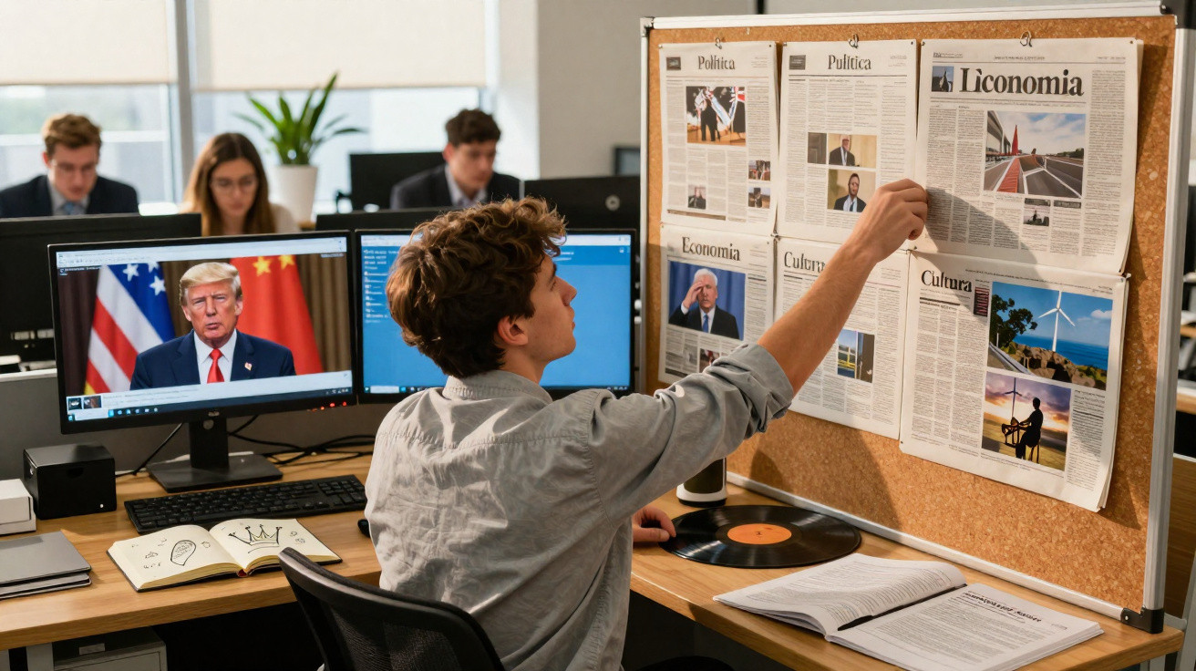 Jovem no escritório organizando recortes de jornal em mural, enquanto colegas trabalham ao fundo.