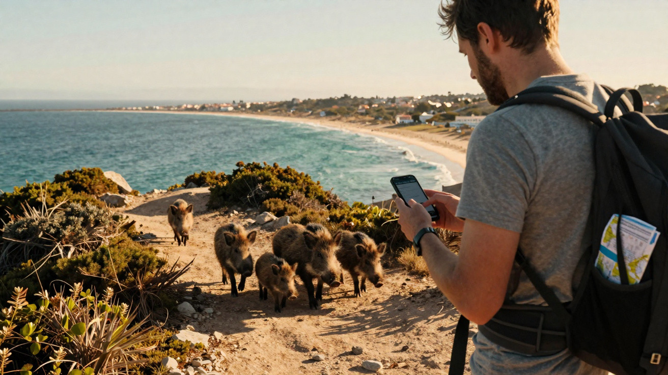 Homem com mochila usa celular enquanto várias javalis pequenas caminham em trilha próxima ao mar.