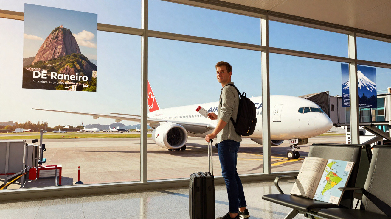 Homem jovem com mochila e mala esperando voo em aeroporto com avião estacionado e mapas na cadeira.