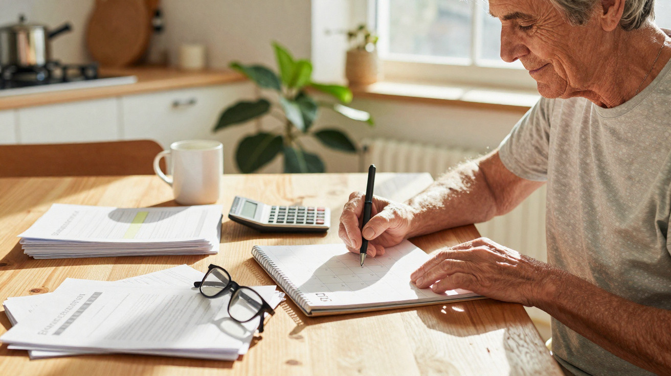 Idoso sentado à mesa escrevendo em caderno com documentos, calculadora e óculos ao redor na cozinha.