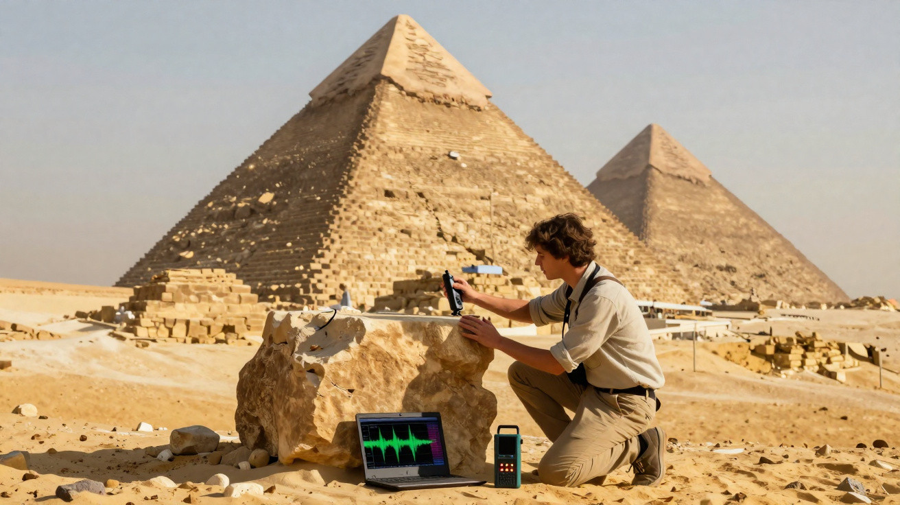 Pesquisador usando equipamento de medição próximo a pirâmides no deserto durante o dia.