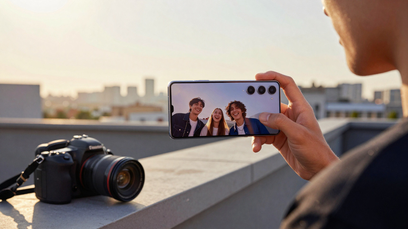 Pessoa segurando celular com selfie de três amigos sorrindo, câmera profissional apoiada ao lado.