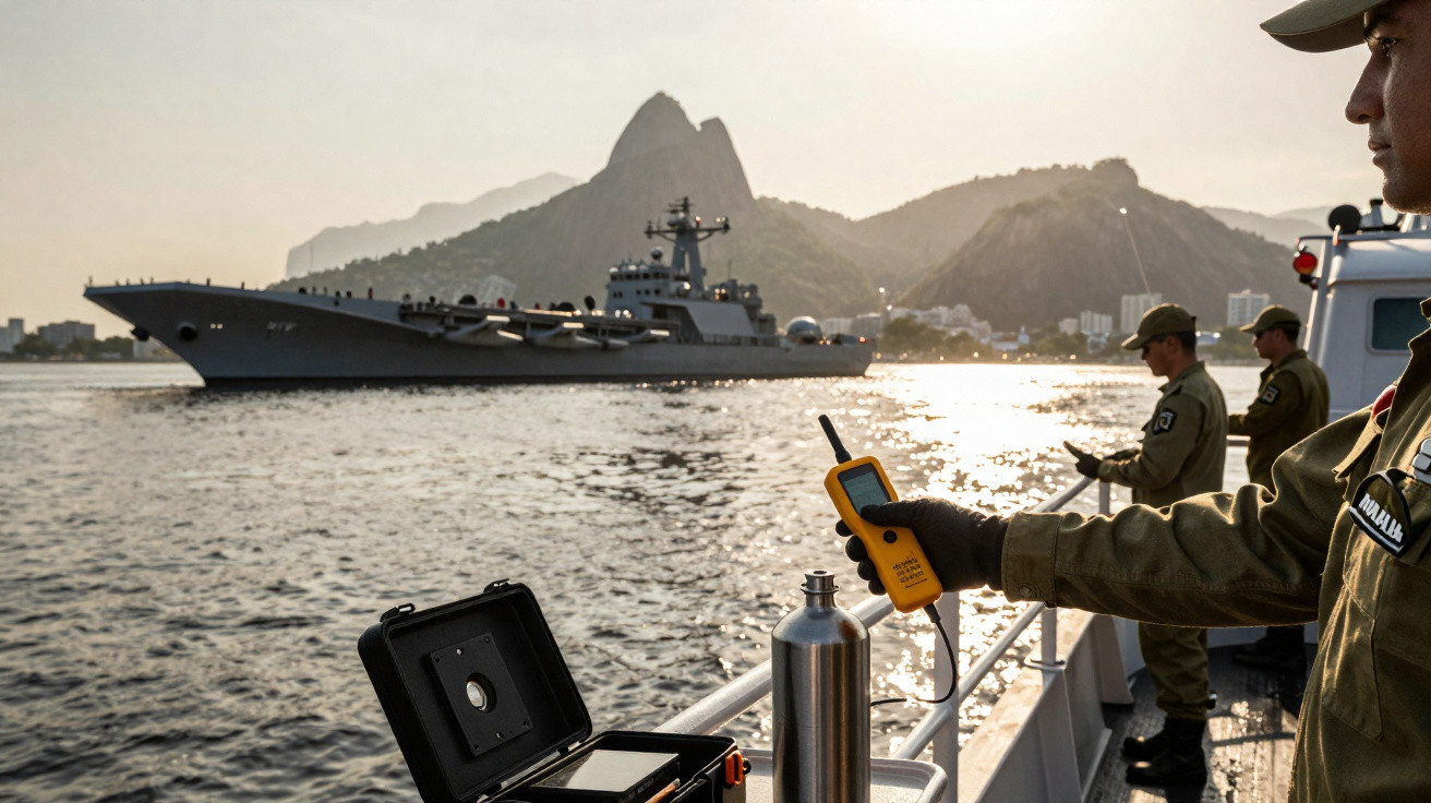 Militares em barco realizam operação no mar com navio de guerra e montanhas ao fundo no pôr do sol.