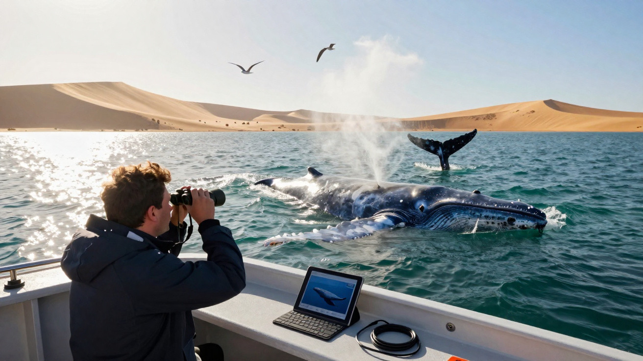 Homem em barco observa baleia-jubarte próxima à praia desértica com binóculo e tablet aberto mostrando baleia.