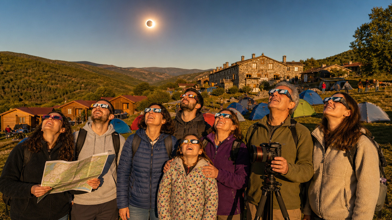 Grupo de pessoas usando óculos especiais para observar eclipse solar total em área de camping com montanhas ao fundo.