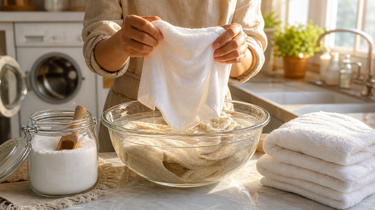 Pessoa torcendo pano branco sobre bacia de vidro na pia da cozinha com toalhas dobradas ao lado.