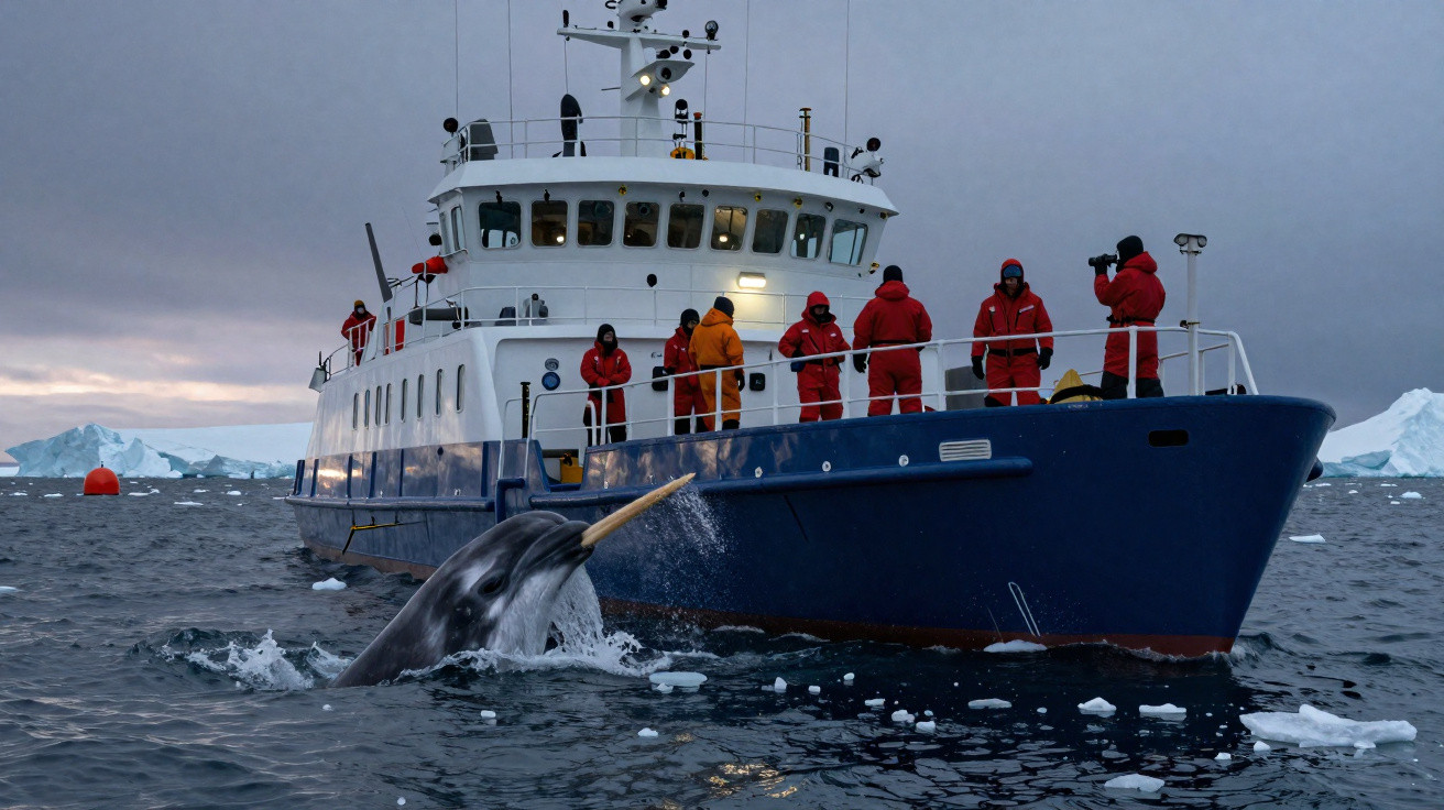 Navio de pesquisa com pessoas observando um narval emergindo da água em mar congelado.