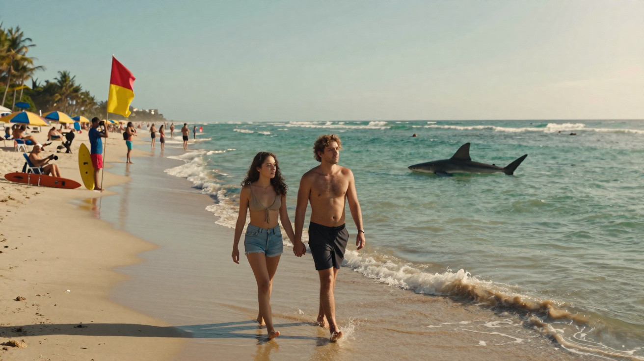 Casal caminhando na praia com diversos banhistas e um tubarão visível próximo à costa.