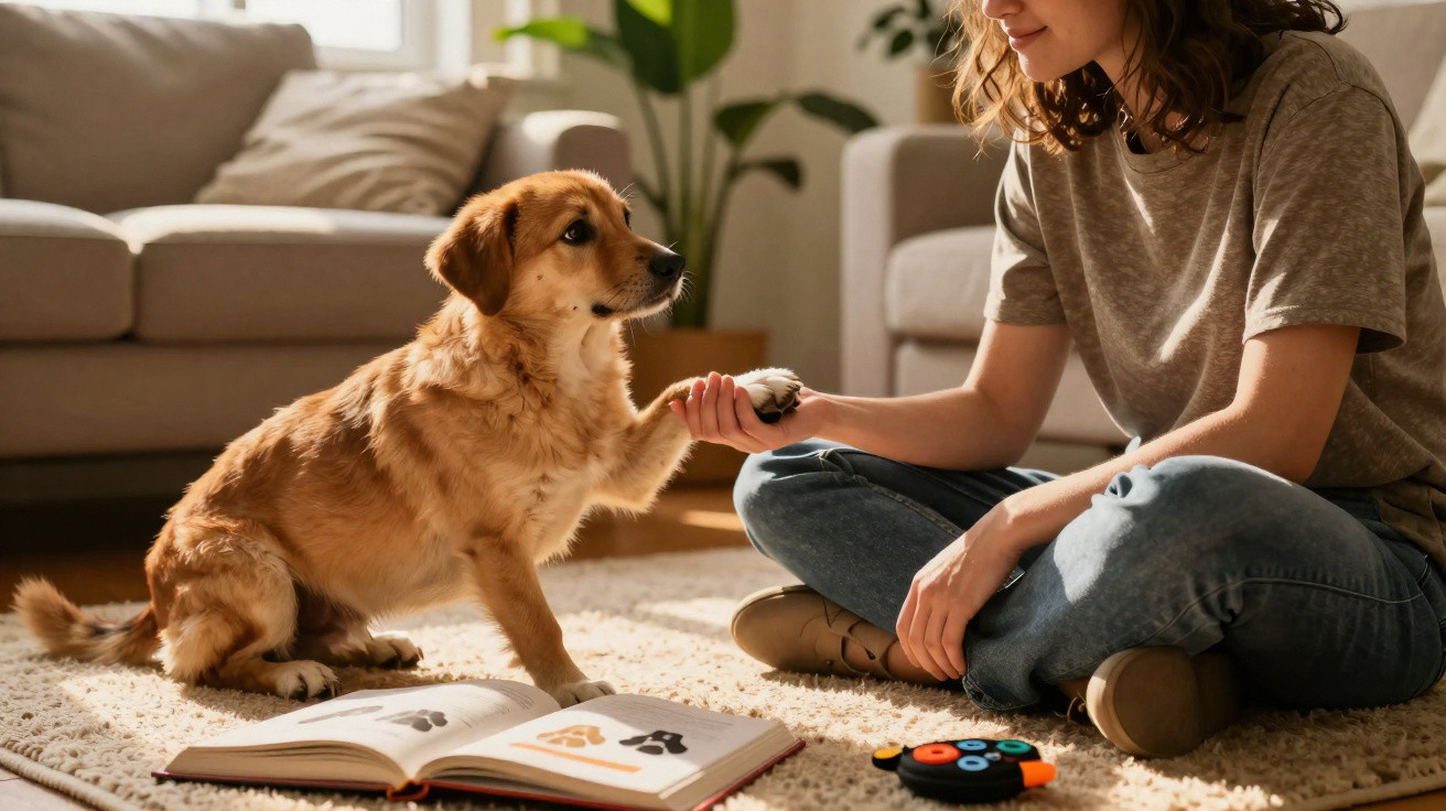 Pessoa sentada no chão apertando a pata de um cachorro ao lado de livro aberto e brinquedo no tapete.