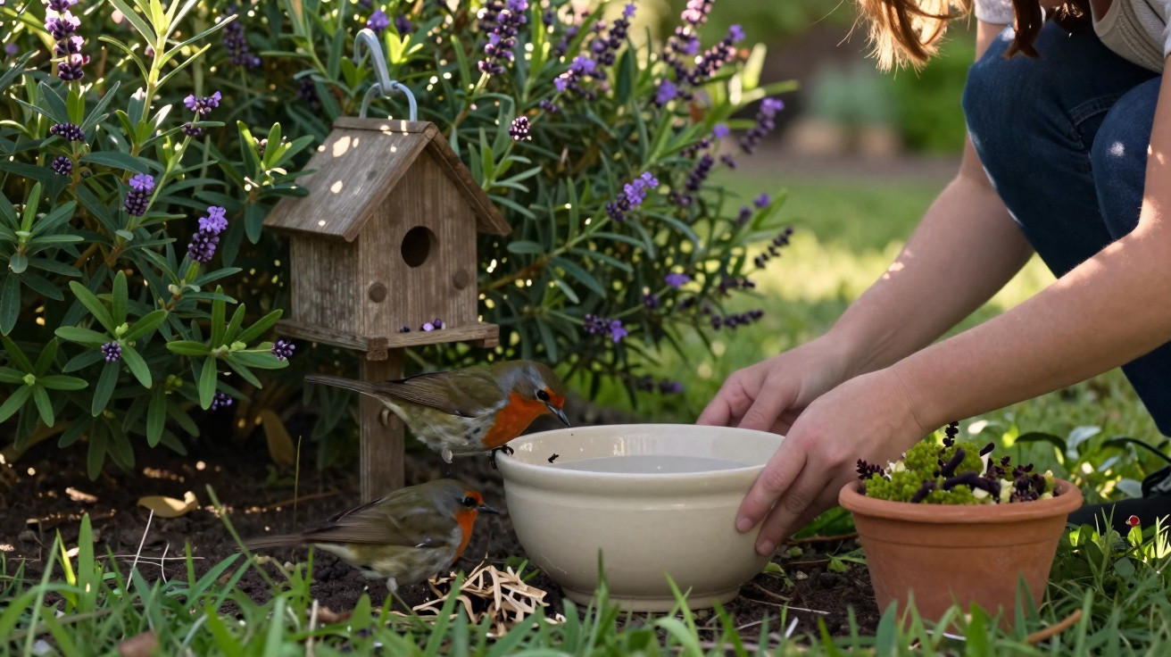 Pessoa alimentando dois pássaros vermelhos em jardim com casa de passarinho e vasos de plantas.