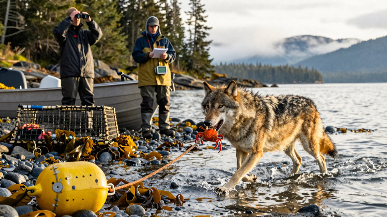 Lobo puxa objeto com caranguejo de brinquedo na boca enquanto dois homens observam em margem rochosa.