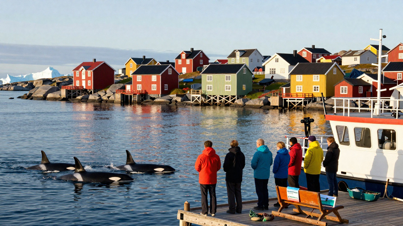 Pessoas observando orcas nadando próximo a casas coloridas na beira do mar em um vilarejo.