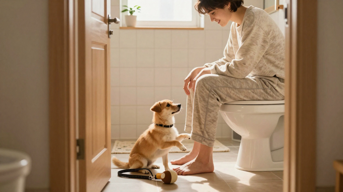 Pessoa sentada no vaso sanitário interage com cachorro filhote em banheiro iluminado pela luz do dia.