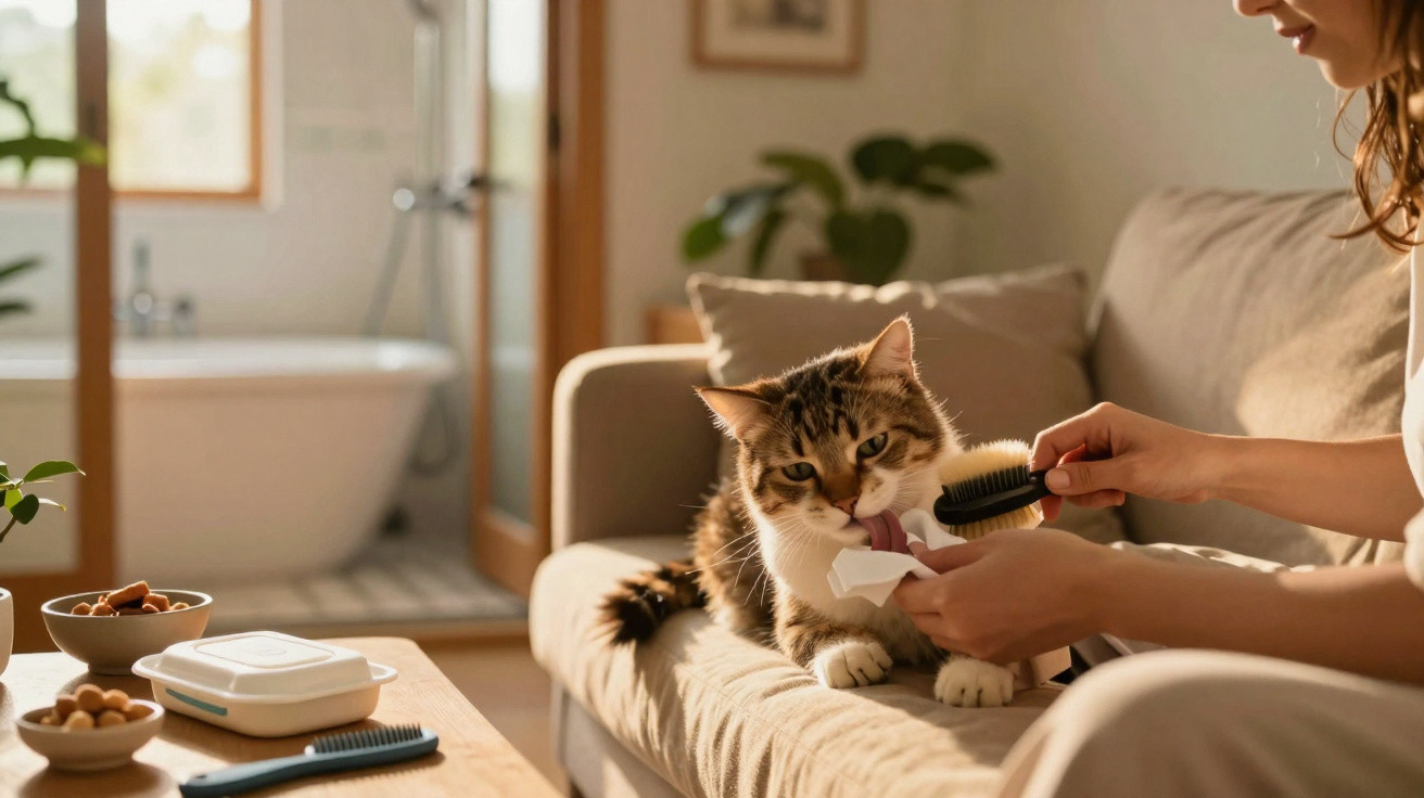 Pessoa escova gato em sofá enquanto o animal lambe pano, em ambiente claro e aconchegante.