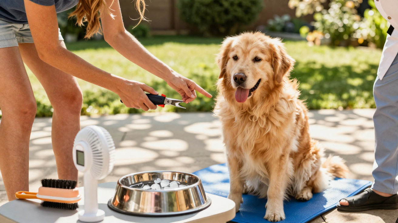 Cachorro golden retriever sentado em tapete azul recebendo cuidados de unhas ao ar livre.