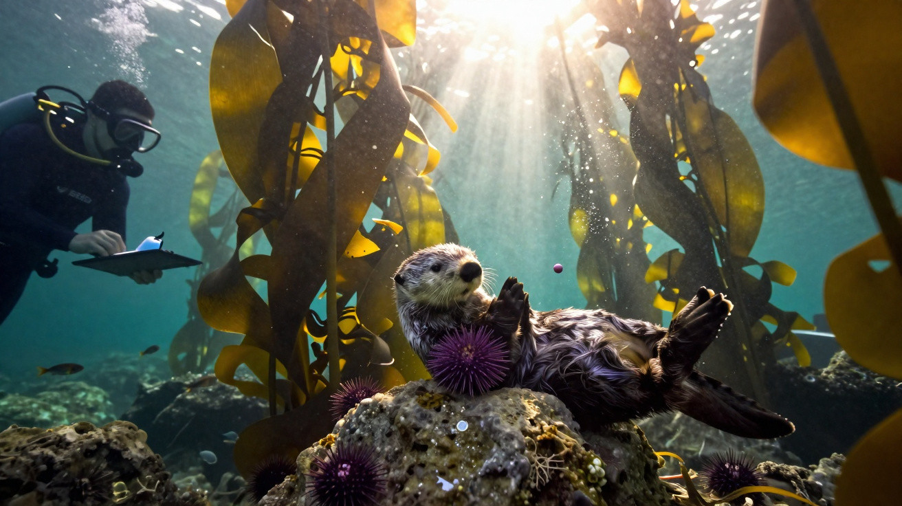 Lontra marinha deitada em rocha entre algas com ouriços e mergulhador ao fundo.