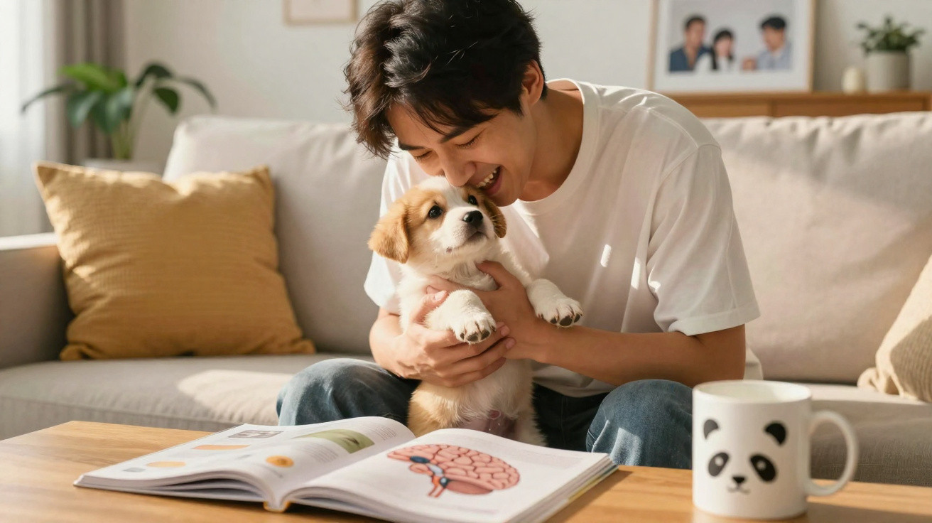 Jovem sorridente abraçando um filhote em um sofá, com livro aberto e caneca com rosto de panda na mesa.