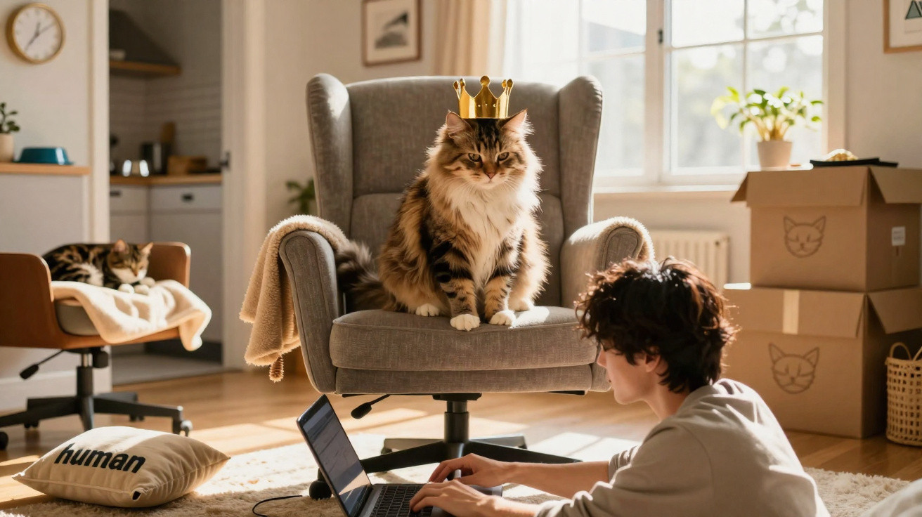 Gato com coroa sentado em poltrona, pessoa usando laptop no chão e outro gato dormindo em cadeira.