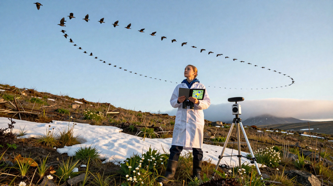 Mulher cientista observa aves migratórias voando em formação no céu, em campo com neve e flores.