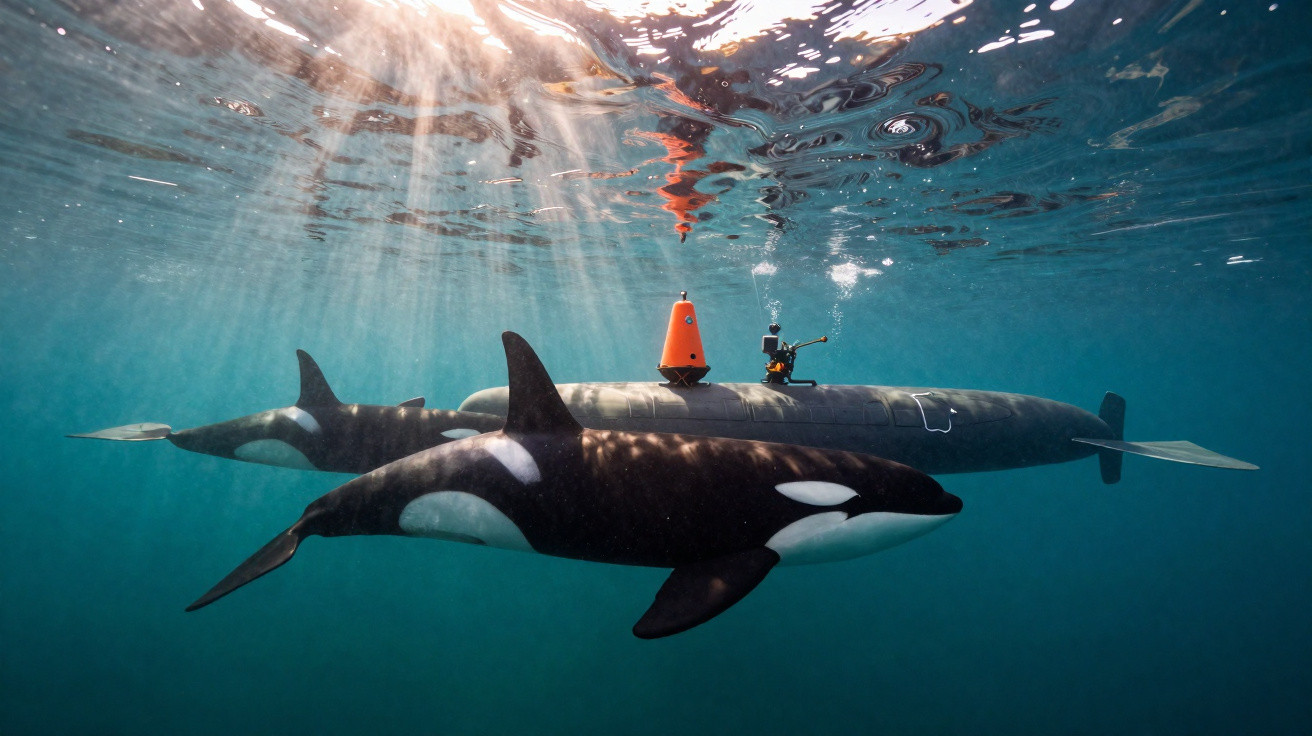Orcas nadando próximas a um submarino pequeno com dispositivo laranja na superfície da água iluminada pelo sol.