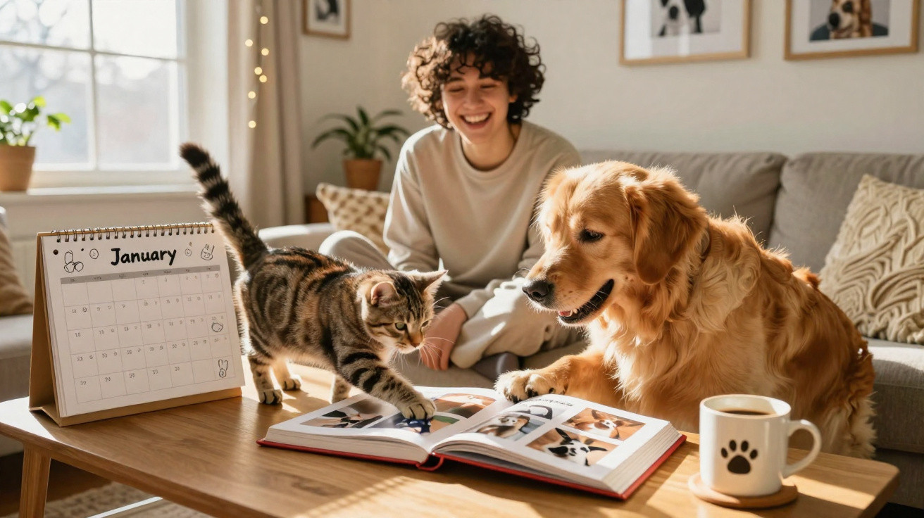 Pessoa sorrindo sentada no sofá com gato e cachorro próximos a um livro e um calendário na mesa.