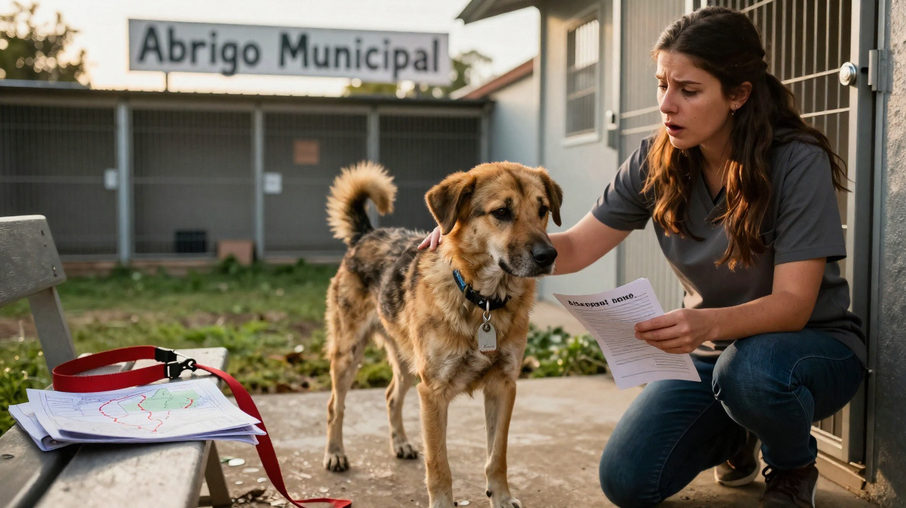 Mulher agachada acaricia cachorro em abrigo municipal enquanto lê documento em área externa do local.