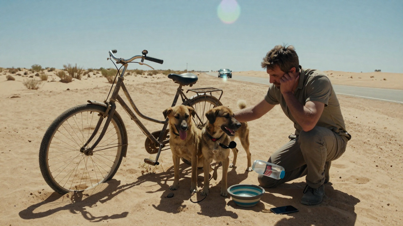 Homem agachado no deserto dando água a dois cães ao lado de uma bicicleta antiga.