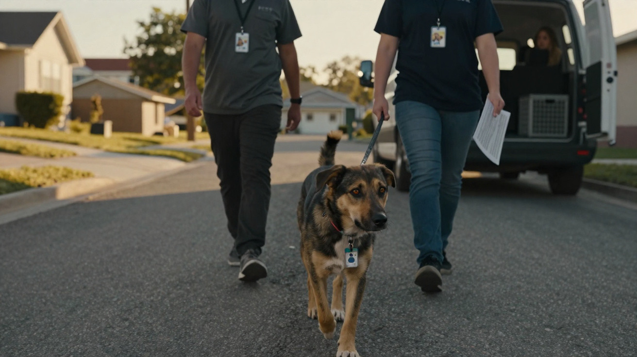 Dois profissionais caminham com um cachorro de coleira em rua residencial ao entardecer.