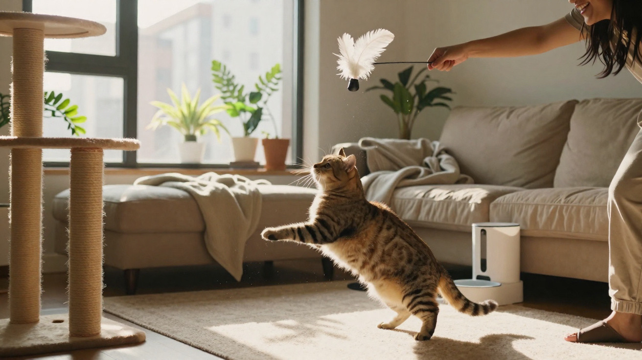 Gato tigrado brincando com pena branca enquanto pessoa está no sofá em sala iluminada.