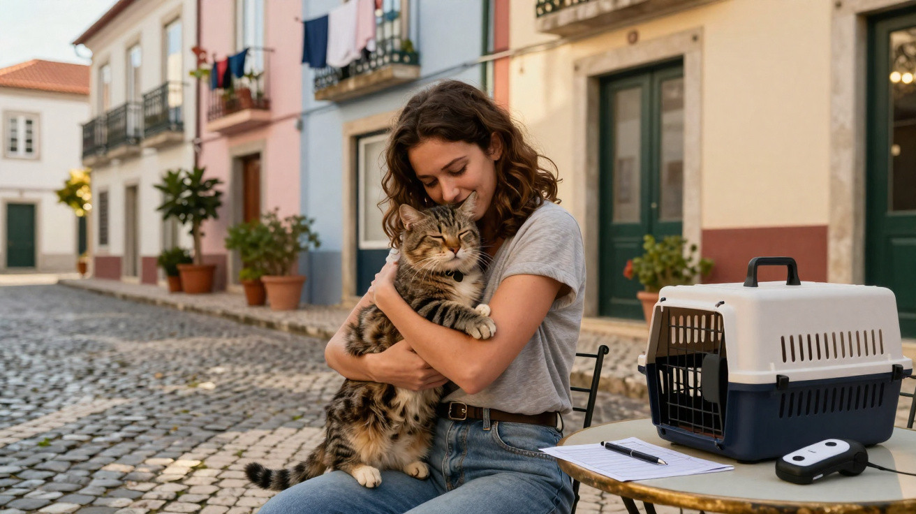 Mulher abraçando gato em rua de paralelepípedo com caixa de transporte felino ao lado.