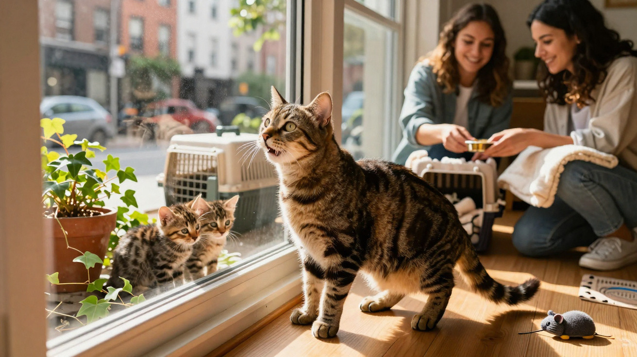 Gato adulto dentro de casa olhando para dois gatinhos do lado de fora da janela, com duas mulheres ao fundo.