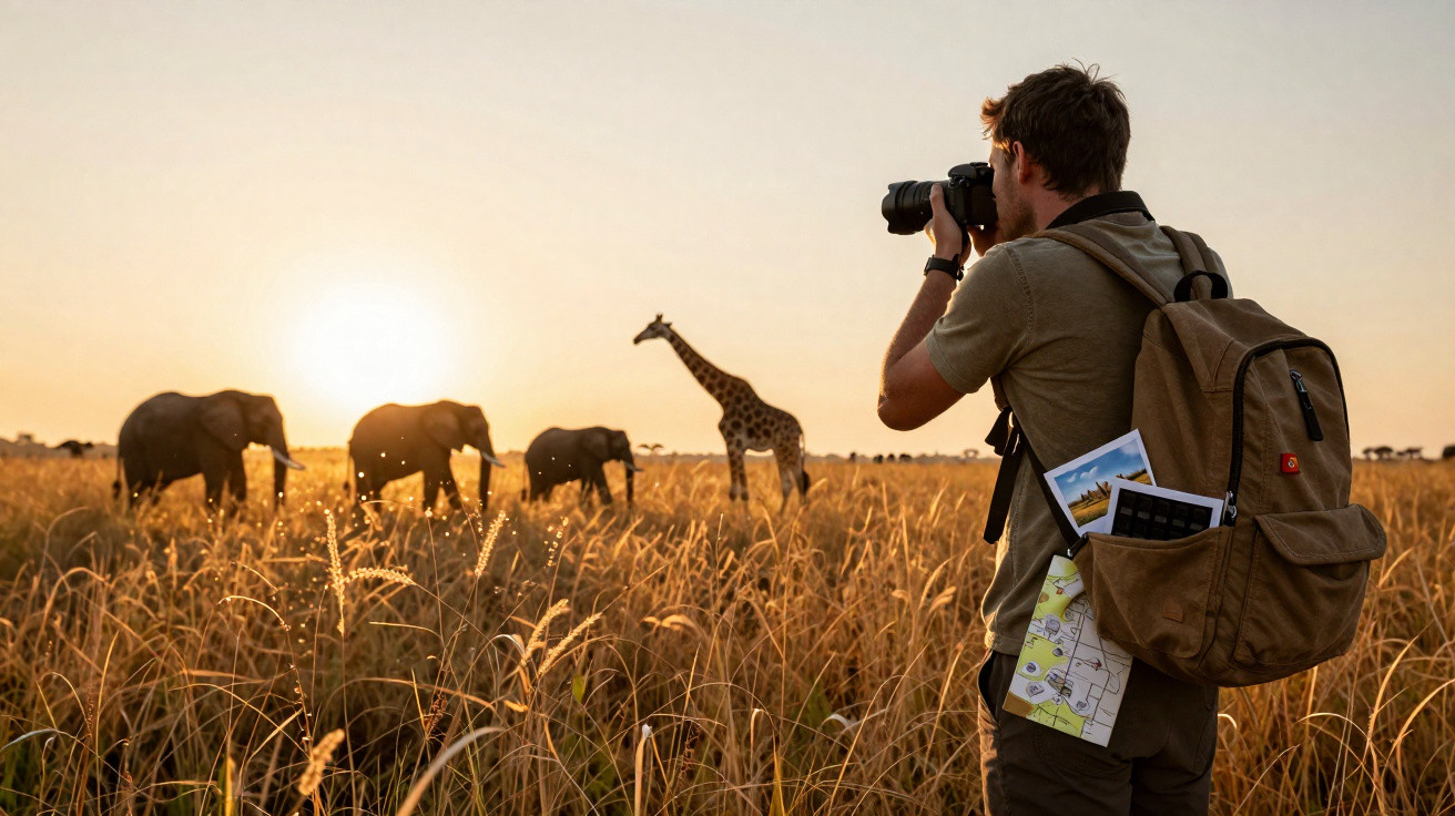 Fotógrafo com mochila registra girafa e elefantes em savana ao pôr do sol.