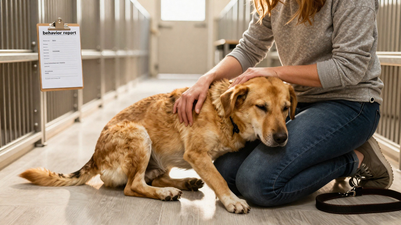 Mulher agachada acariciando cachorro preocupado em abrigo com relatório de comportamento ao fundo.