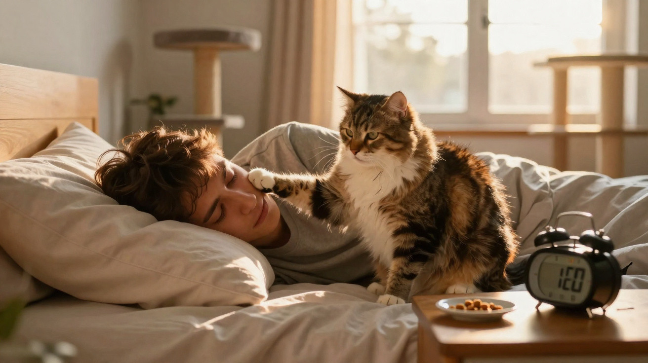 Gato toca o rosto de rapaz deitado na cama ao amanhecer, com despertador marcando 7:20 ao lado.
