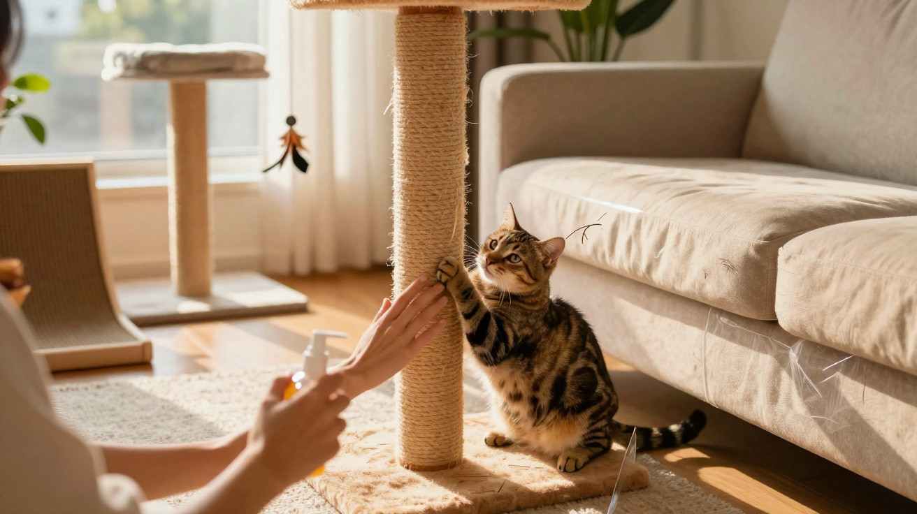 Gato tiger brinca com arranhador enquanto pessoa aplica desinfetante nas mãos em sala iluminada.