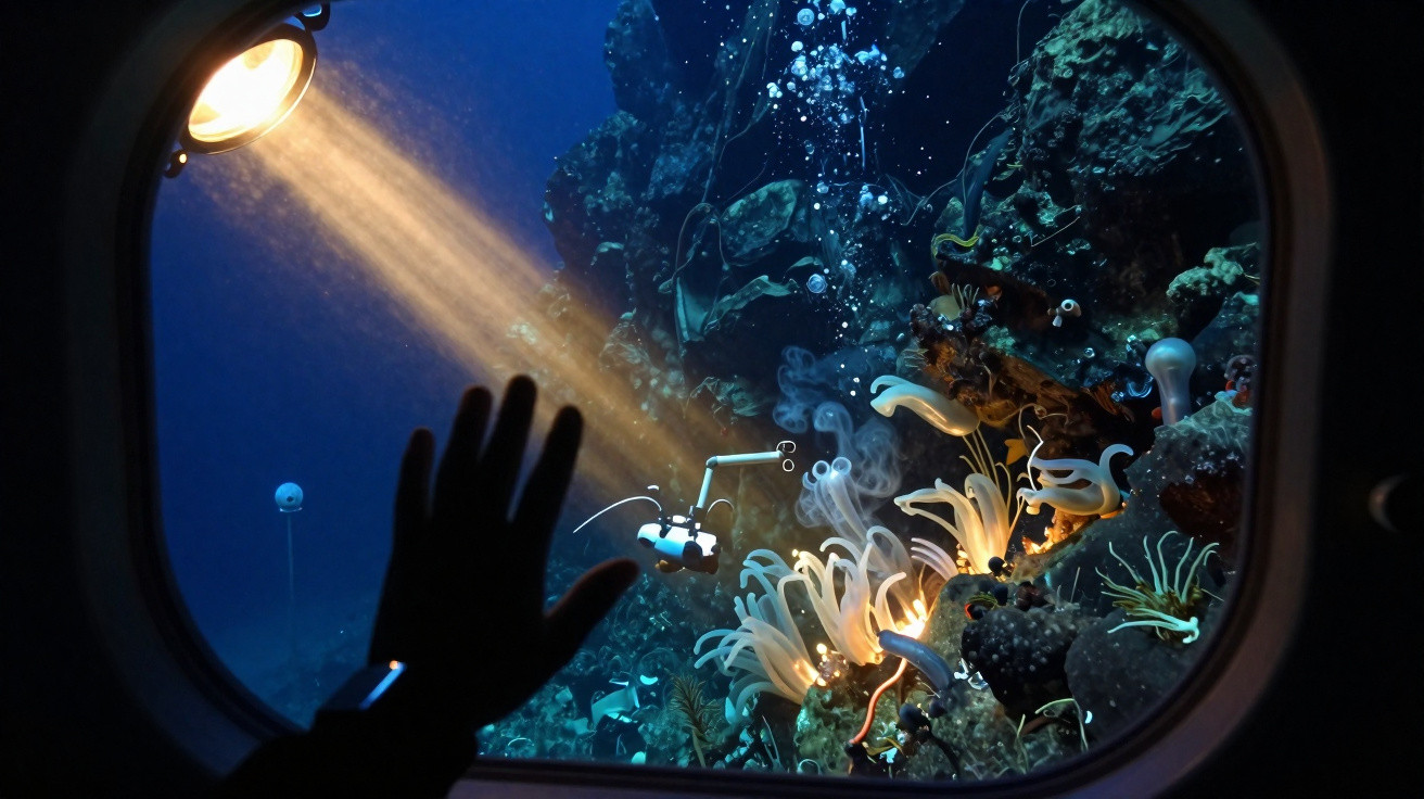 Visão submarina através de janela com mão na frente, luz destacando corais e robô explorador no oceano profundo.