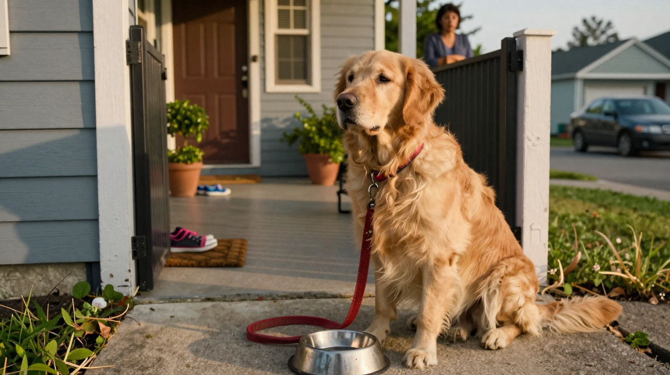 Cachorro golden retriever sentado na calçada com coleira vermelha e tigela de água, mulher ao fundo na varanda.