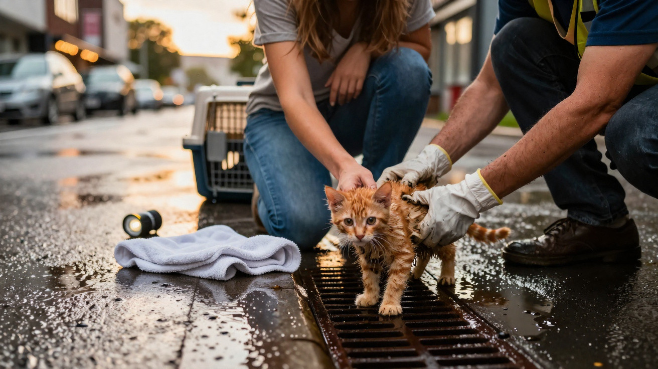Duas pessoas resgatam um gatinho molhado em uma rua úmida ao cair da tarde.