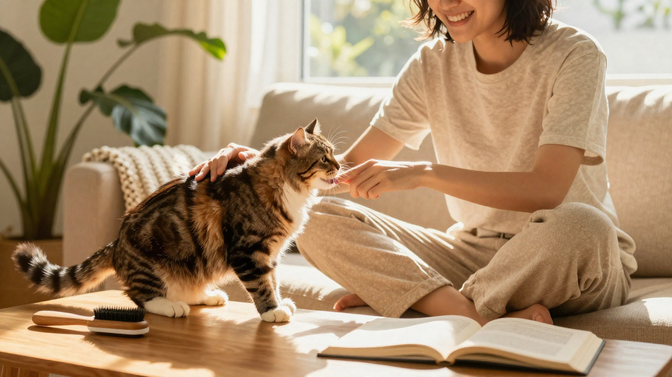Mulher sorrindo sentada no sofá acariciando gato que está sobre a mesa com livro aberto e escova.
