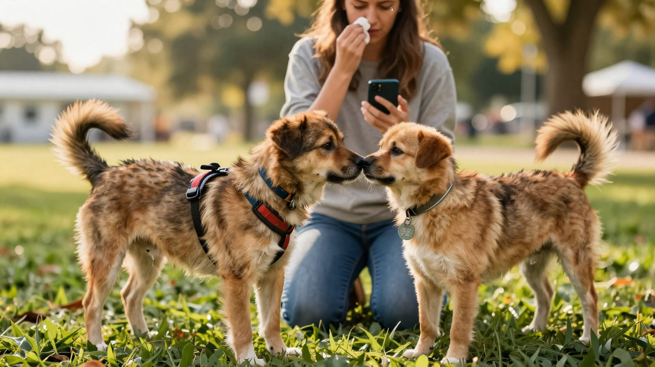 Mulher usando lenço enquanto olha o celular, e dois cães castanhos se cheiram em parque ensolarado.