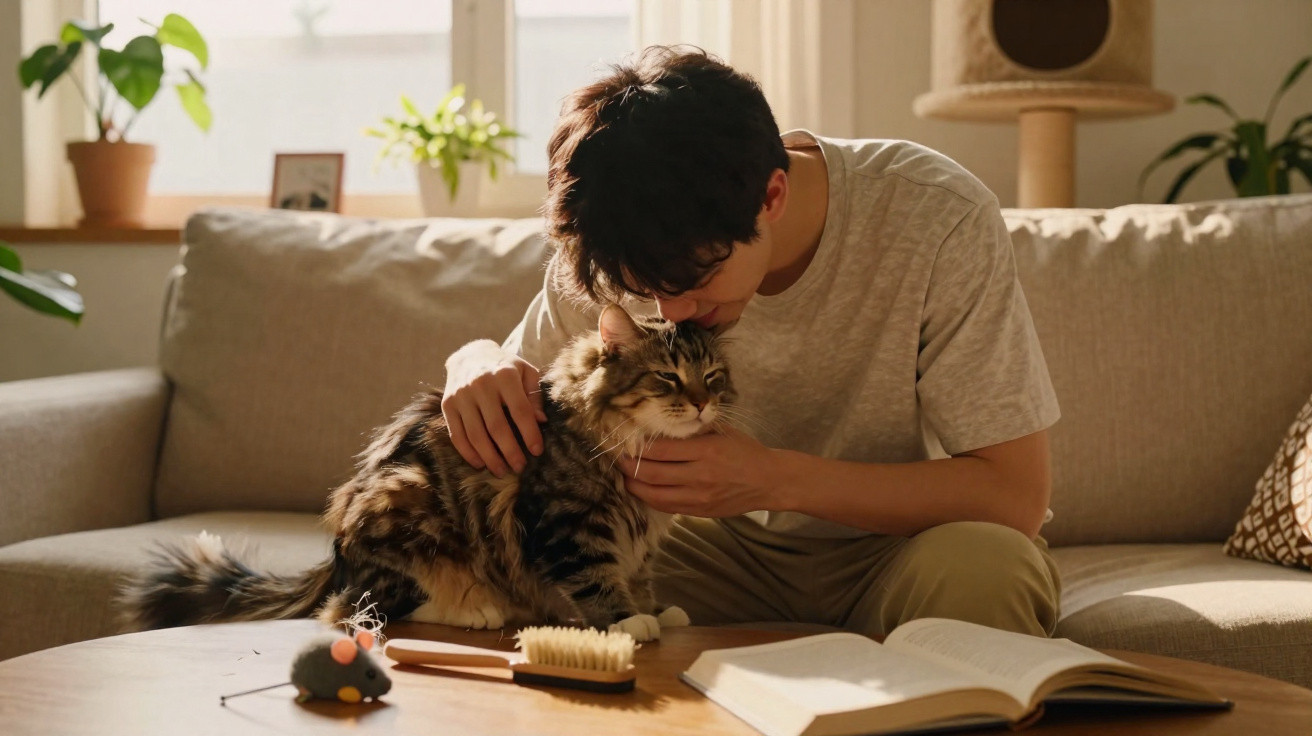 Jovem sentado no sofá acariciando e beijando gato felino peludo em sala iluminada e acolhedora.