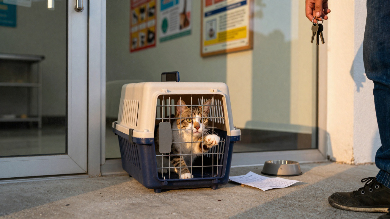 Gato dentro de transportadora azul e bege fora de clínica veterinária com coleira nas patas e pessoa segurando chaves.