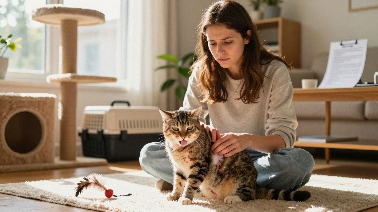 Mulher sentada no tapete acariciando um gato com brinquedo de pena próximo em sala iluminada.