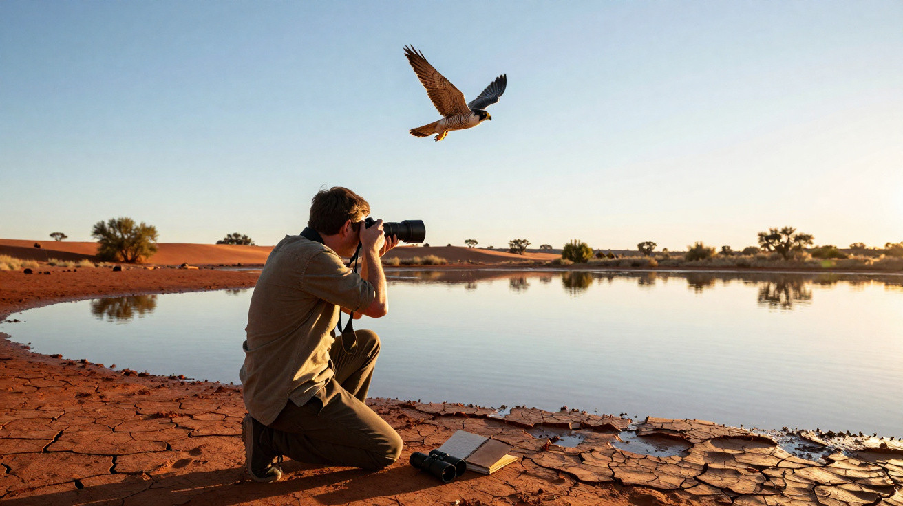Homem fotografa falcão voando próximo a lago em área seca no pôr do sol.
