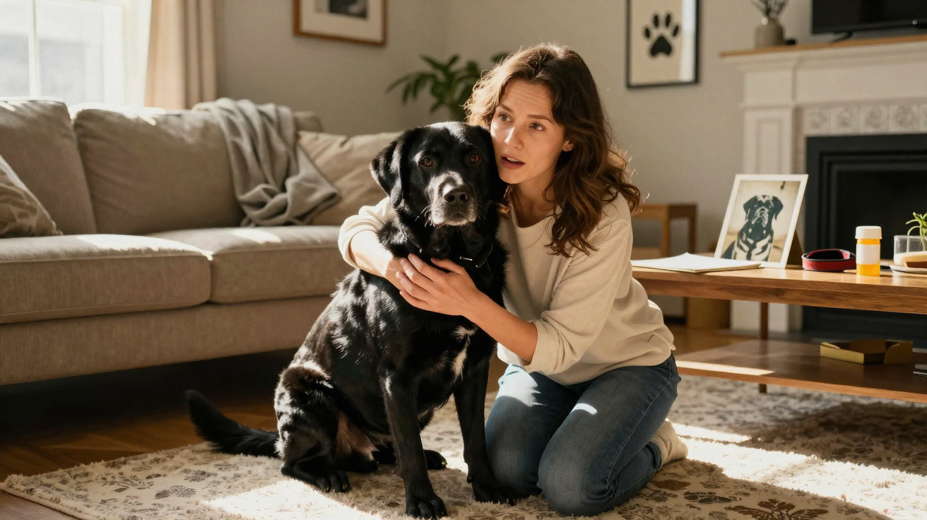 Mulher ajoelhada abraçando cachorro preto em sala de estar com sofá e mesa ao fundo.