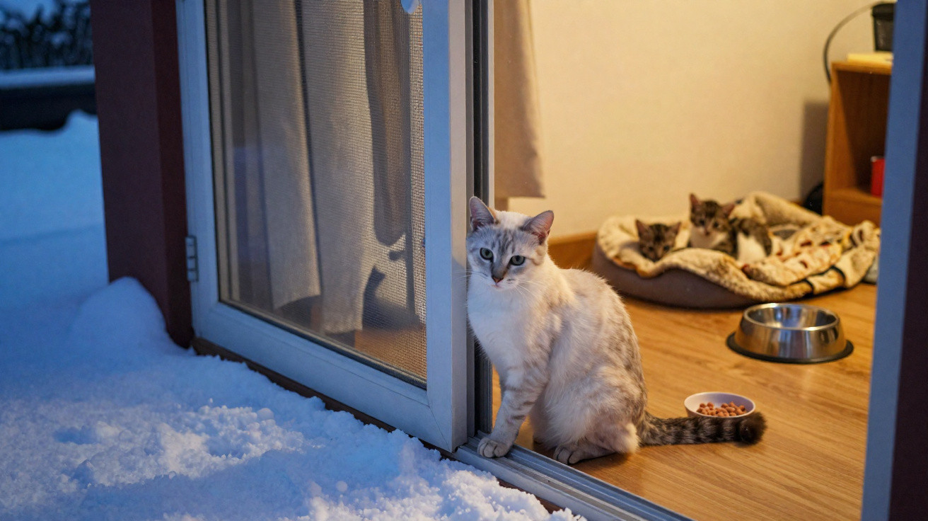 Gato branco com manchas cinzas sentado na porta aberta entre a neve e a sala com dois filhotes em cama.