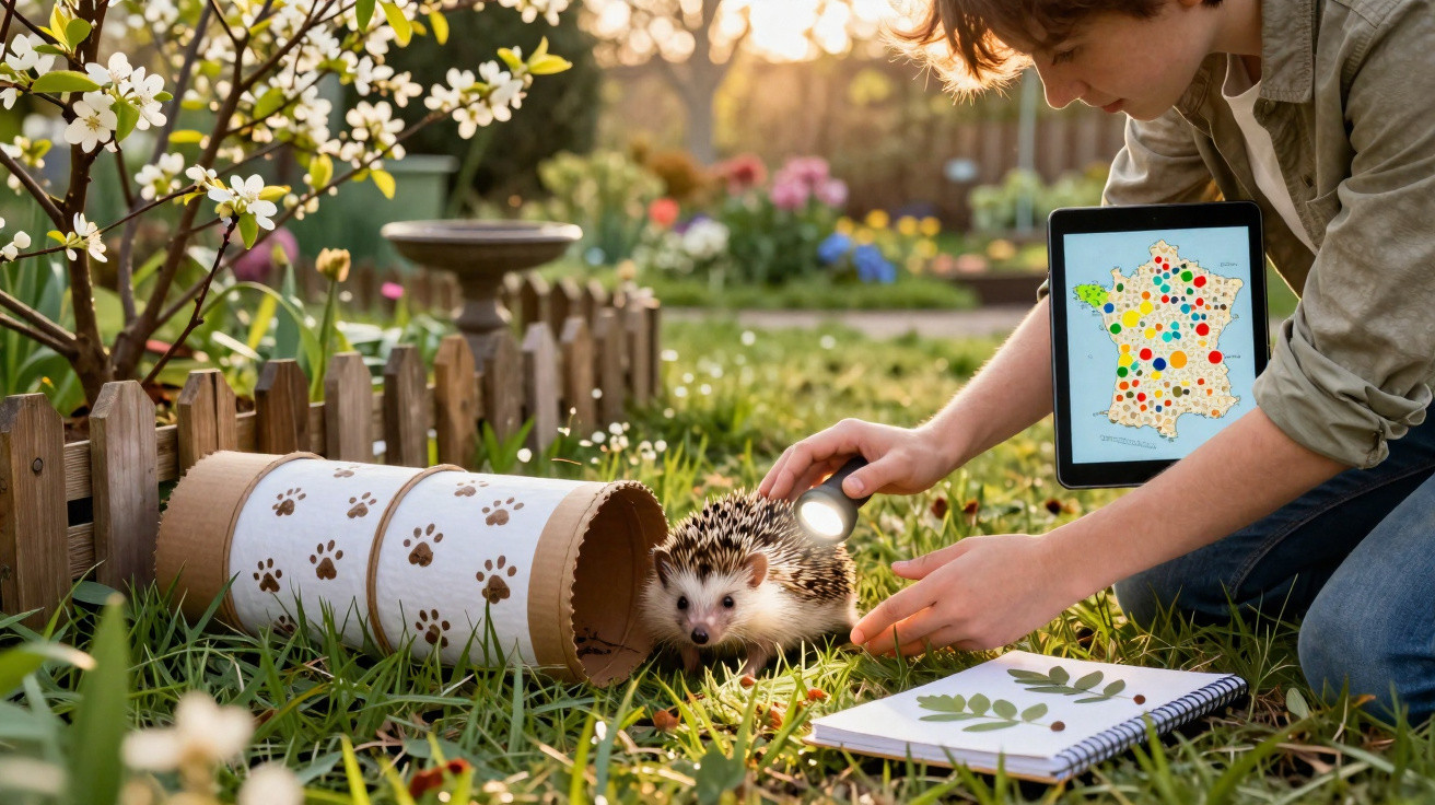 Jovem com lanterna observa ouriço em jardim com caixa decorada e caderno de anotações botânicas.