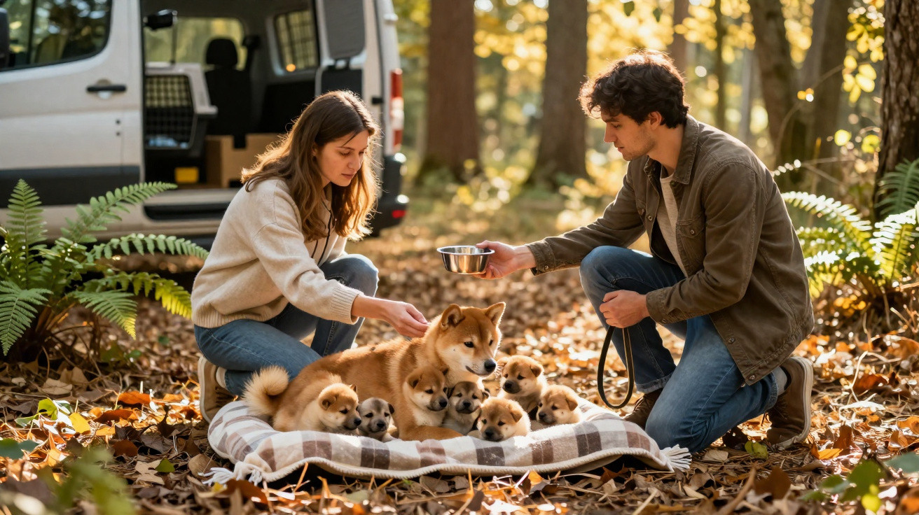Casal alimentando cães Shiba Inu e filhotes em manta no chão coberto de folhas em área de floresta.