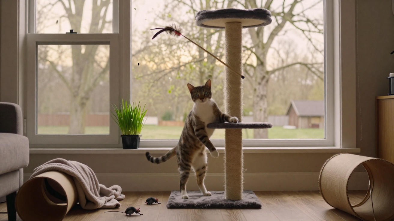 Gato em pé com a pata sobre arranhador de gato perto de brinquedos de rato e decoração junto à janela.